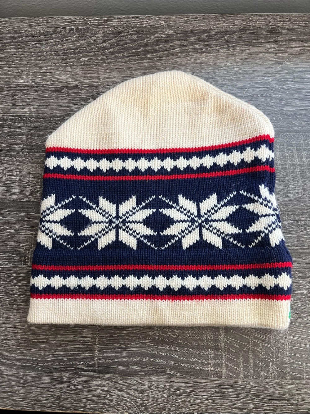 Moriarty Hat (Stowe, VT) Cream, Navy, Red Fair Isle Knit Beanie Winter Ski Wool